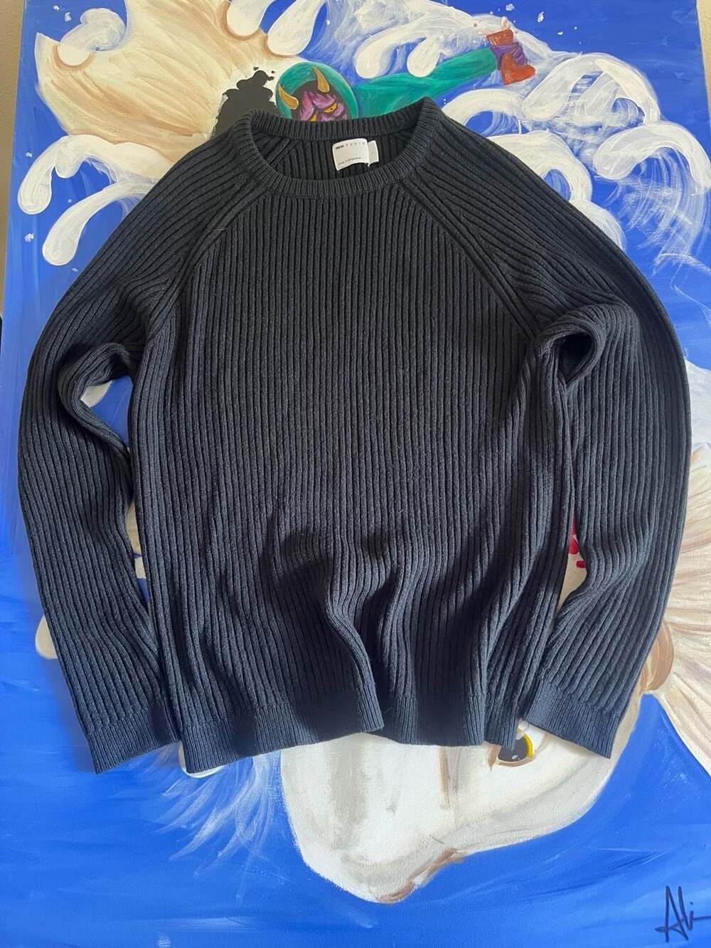 ASOS DESIGN Men's Black Ribbed Raglan Crewneck Sweater